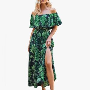 Ruffle Floral Maxi Off Shoulder Slit Hem Beach Dress